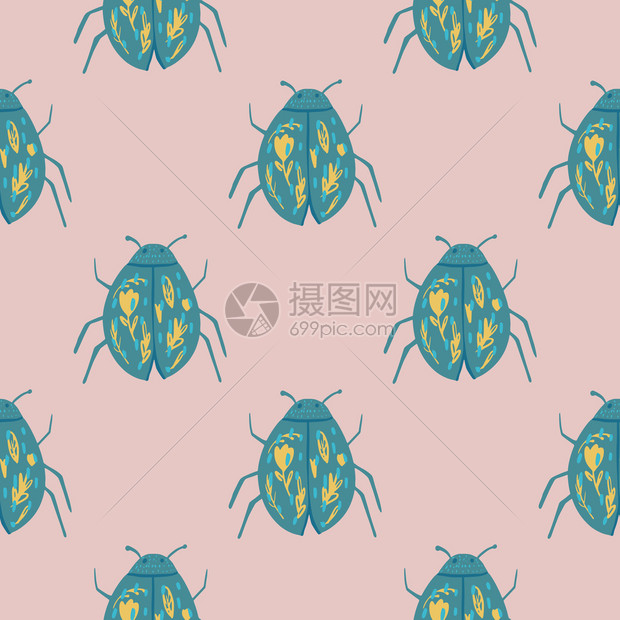 无缝模式绿色七星瓢虫图案纯色粉色背景图片