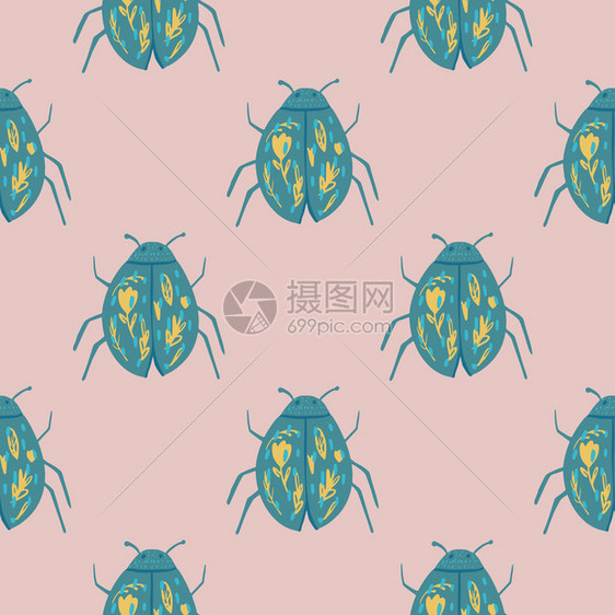 无缝模式绿色七星瓢虫图案纯色粉色背景图片