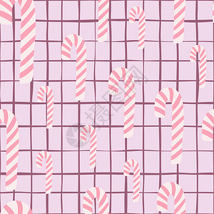 无缝随机图案有面条的圣诞糖果装饰品面条背景上粉红色的棒糖用于织物设计纺品印刷包装封面矢量图案带面条的无缝图案面条背景上粉的棒糖装图片