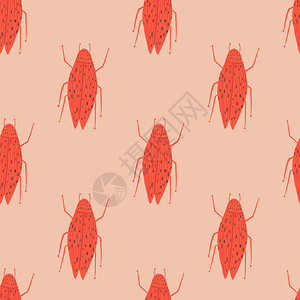 无缝模式橘红色昆虫图案在橘粉色背景上图片