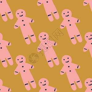无缝模式粉色姜饼人在土黄色背景上图片