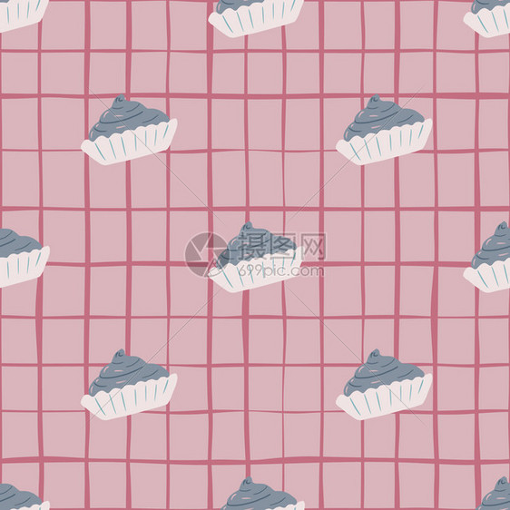 美味的面包店无缝模式配有篮子紫色奶油卷饼粉红色背景带支票假日待遇打印对织物设计纺品印刷包装封面矢量说明等都很好美味的面包店无缝模图片