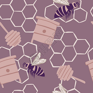 蜜蜂和窝简单无缝的涂鸦图案紫色料彩蜂蜜背景用于织物设计纺印刷包装覆盖矢量说明蜂蜜背景图片