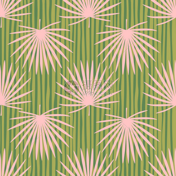 粉色热带元素绿条纹背景用于织物设计纺品包装封面的饰背景简单无缝模式面粉扇棕榈叶品脱粉色热带元素绿条纹背景图片