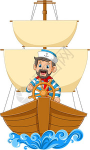 驾驶船只的老船长卡通矢量插画图片