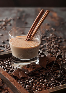 含有肉桂咖啡豆和黑巧克力粉末的木质餐具放在黑木本底图片
