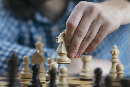 手握白骑士象棋和玩游戏制定赢取和成功的策略象棋手的移动片图片