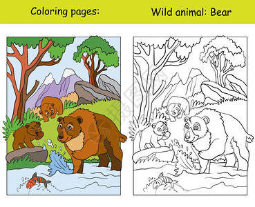 山区有可爱熊的矢量颜色页面卡通孤立的多彩插图色书页和颜模板彩书本设计学前教育印刷和游戏的彩色页面和颜模板彩书页和颜模板灰熊彩色书图片