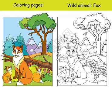 带有山区可爱狐狸的矢量颜色页面卡通孤立的多彩插图色书页和颜模板彩书本设计学前教育印刷和游戏的彩色页面和颜模板彩书页和颜模板fox图片