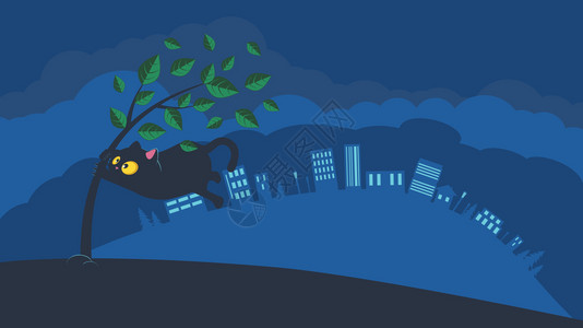 暴风雨中的卡通树和黑猫遥远的城市风暴天气图片素材