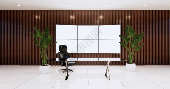 在木制墙室桌子和主椅上安装大型电视监器的ceo办公室设计3d图片