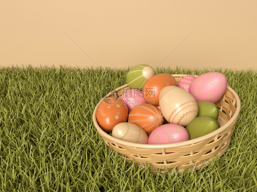 3d插图青草篮中颜色和形态不同的东方蛋快乐的东方人概念图片