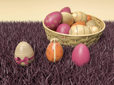 3d插图青草篮中颜色和形态不同的东方蛋快乐的东方人概念图片
