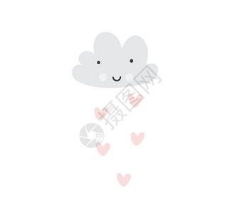 用可爱的睡眠云和心雨绘制矢量漫画插图扫描动物风格的苗圃艺术情人节日卡片彩礼图片