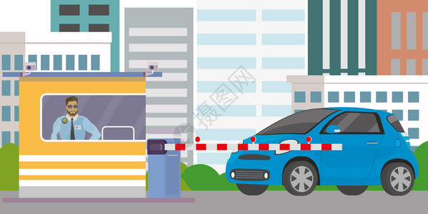 男警卫屏障和蓝色轿车背景城市矢量图片