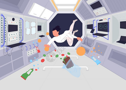 在太空舱里面的失重的食物和人图片
