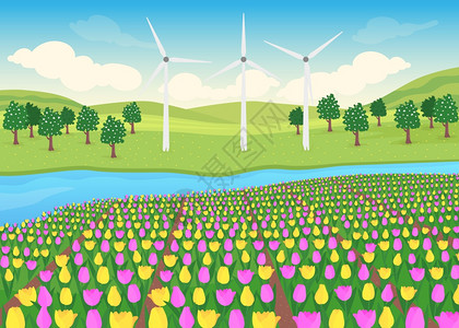 山崖下风景插画-山崖下风景卡通-保龄球馆平面彩色矢量图人与球在车道