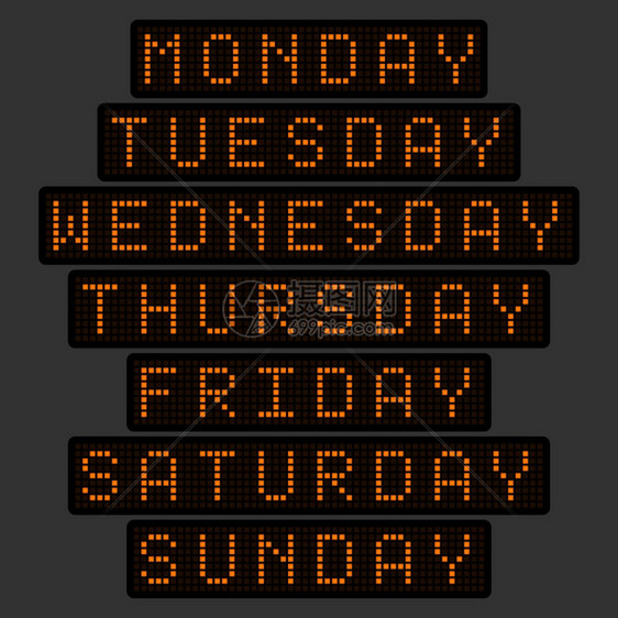 以橙色光线电子记分板形式显示的每周数天一套名称图片