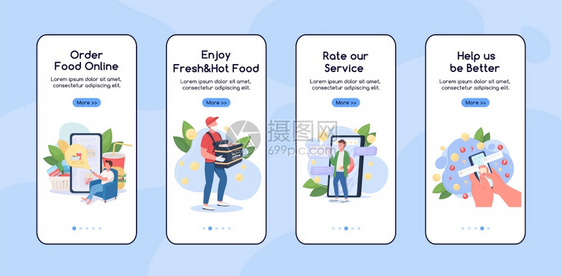 在线购物手机应用程序屏幕平板矢量模远程食物拆卸边远徒步走过带有字符的网页步骤uxig智能手机卡通界面案件指纹集手机应用程序屏幕平图片