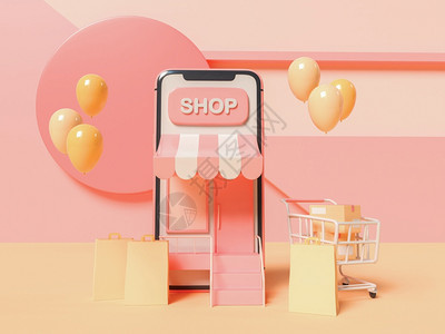 3d插图智能手机购物车和纸袋抽象背景在线购物概念图片