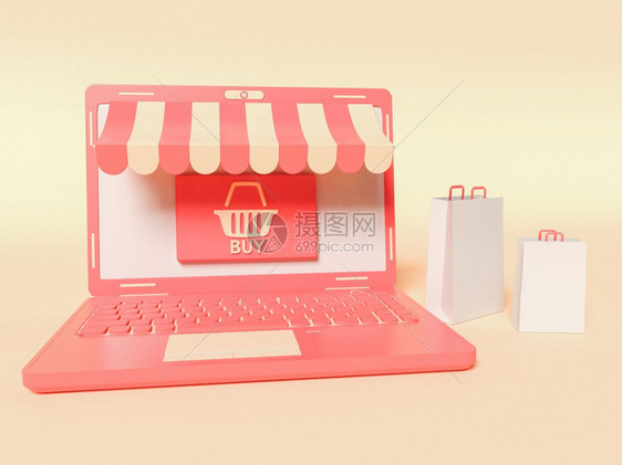 3d插图一台手提电脑上面有纸袋网购物和电子商务概念图片