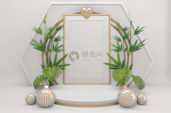 热带讲台最低几何和竹子日本装饰3d图片