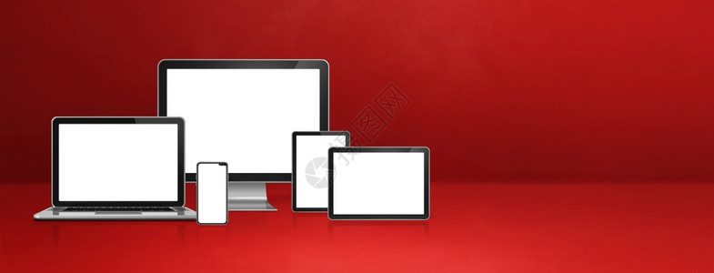 计算机膝上型移动电话和数字平板脑移动话和数字平板脑红色办公台横幅3d插图计算机移动电话和数字平板脑Pc红色横幅图片