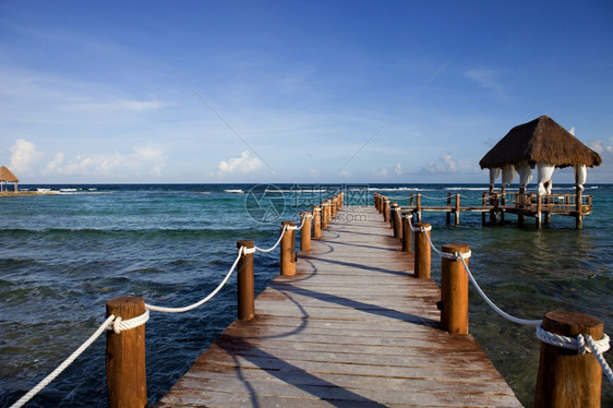 在墨西哥Yucatn半岛的criben海的木头码图片