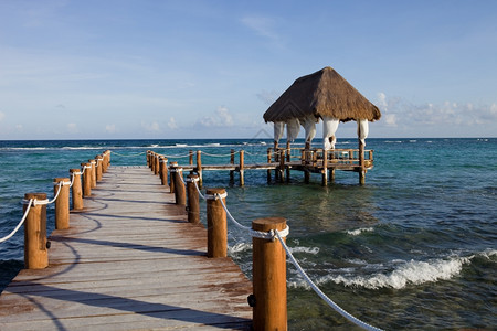 在墨西哥Yucatn半岛的criben海的木头码图片