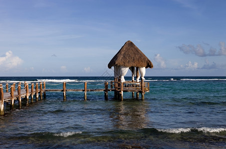 在墨西哥Yucatn半岛的criben海的木头码图片