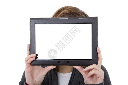 一个拿着平板电脑的女人孤立细节图片