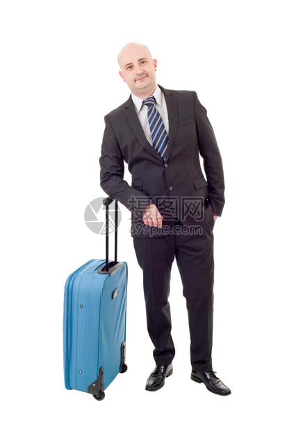 满身年青商人行李在白色背景上被孤立图片