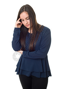 身头痛的年轻妇女孤立于白种背景图片
