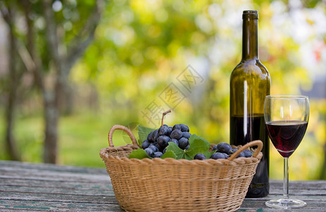 户外木桌上的葡萄和葡萄酒图片