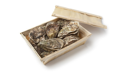 新鲜生牡蛎装在白色背景的盒子里图片