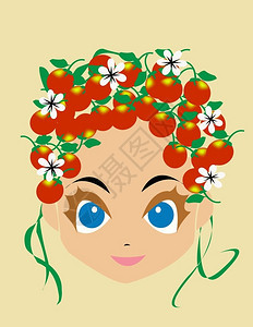 女孩的头发上插有鲜花和水果的表情说明图片