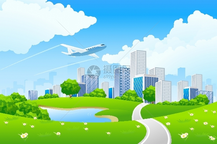 卡通绿色小清新城市景观插画图片