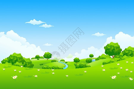 卡通绿色小清新乡村景观插画图片