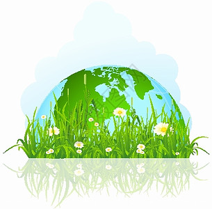 笔直大陆草地上的绿色星球插画