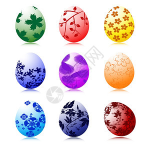 一套九种复活节鸡蛋颜色各异有花卉动机图片