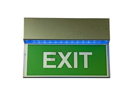 蓝色灯光的绿紧急出口标志图片