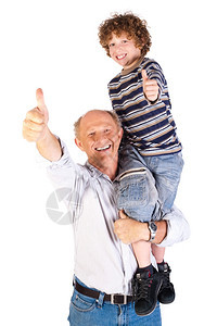 一对大拇指的祖父和孙子被白种背景孤立图片