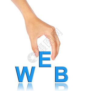 手抓起E从网络文字中的母表孤立在白色上的商业概念图片