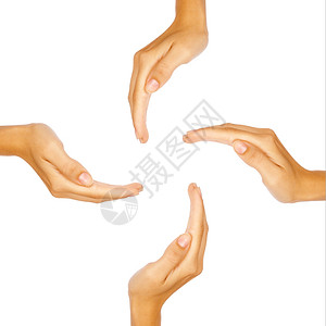 养老社区四人手在圆圈中保护想象物体或概念在白色上隔离复制空间背景