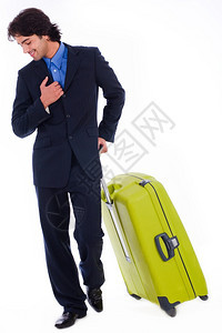 公司的人带着行李向下看在孤立的白色背包图片