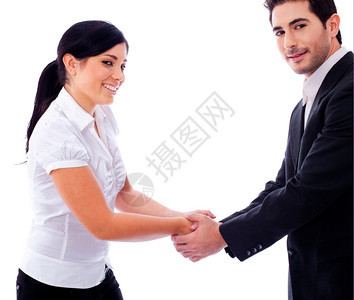 公司的人互相握手在白色的孤立背黑锅上图片