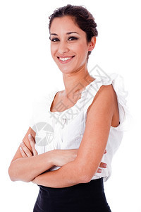 近距离的完美商业女郎肖像手折在孤立的白色背景上图片