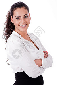 近距离的完美商业女郎肖像手折在孤立的白色背景上图片