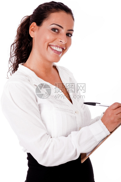 年轻商业女青写在剪贴板上的写在白色的孤立背黑锅上图片