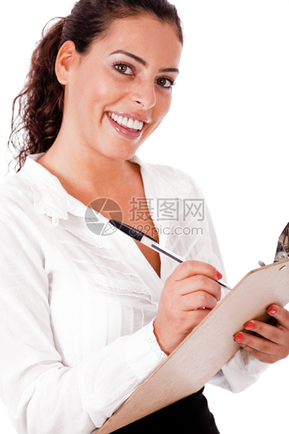 年轻商业女青写在剪贴板上的写在白色的孤立背黑锅上图片